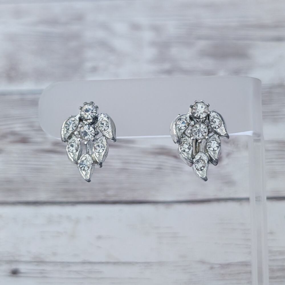 Vintage Screw On Earrings Clear Gems & Silver Tone - Fair Condition